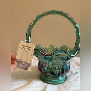 Fenton Iridescent Green Glass Basket